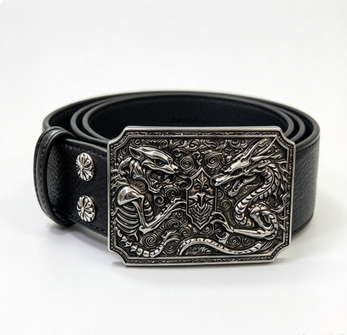 Dragon & Skeleton Leather Belt Litchi Grain Removable Buckle Waist