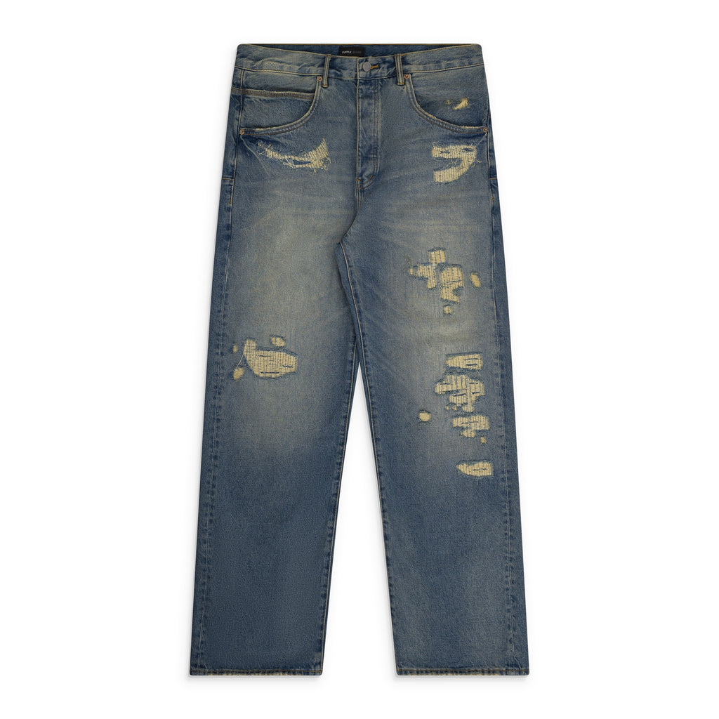 Mid Indigo Repair Destroy Baggy Fit Jeans