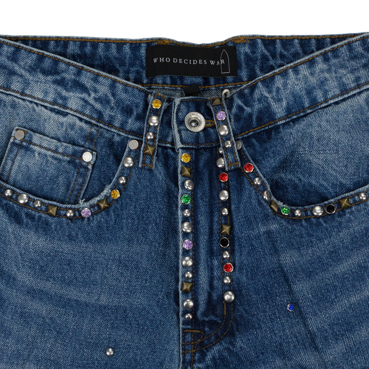 MULTICOLOR STUD CINCHED STRAIGHT-FIT JEANS