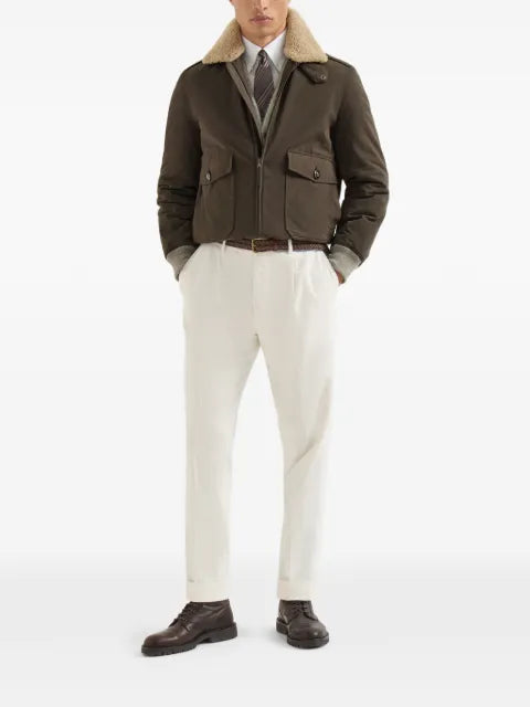 Brunello Cucinelli waxed techno cotton bomber jacket with Thermore® padding and detachable shearling collar