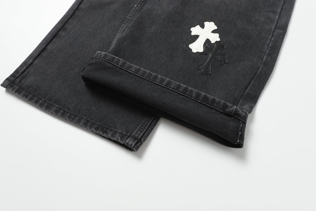 Chrome Hearts White & Black Leather Cross Patches Jeans