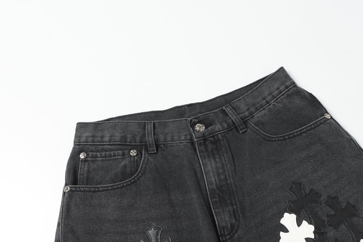 Chrome Hearts White & Black Leather Cross Patches Jeans