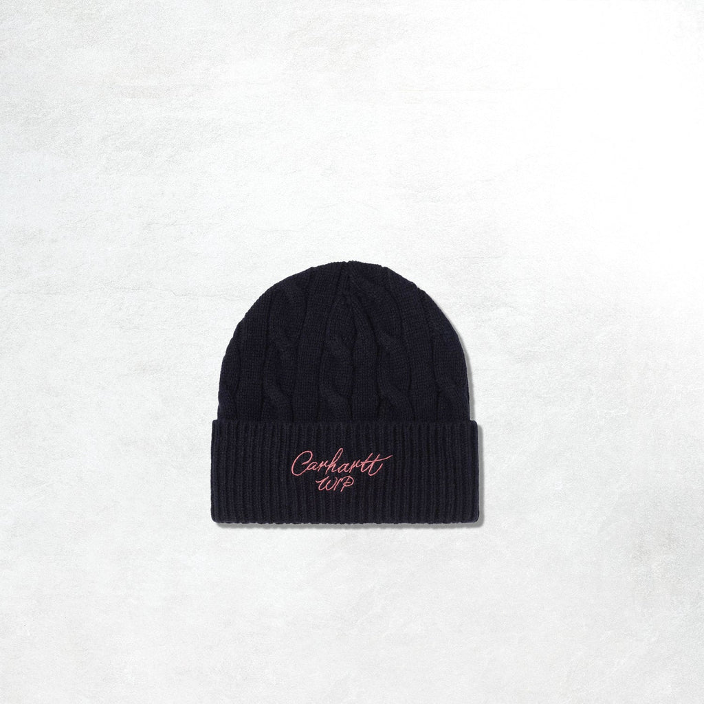Carhartt WIP Signature Cable Beanie: Deep Night / Glassy Pink