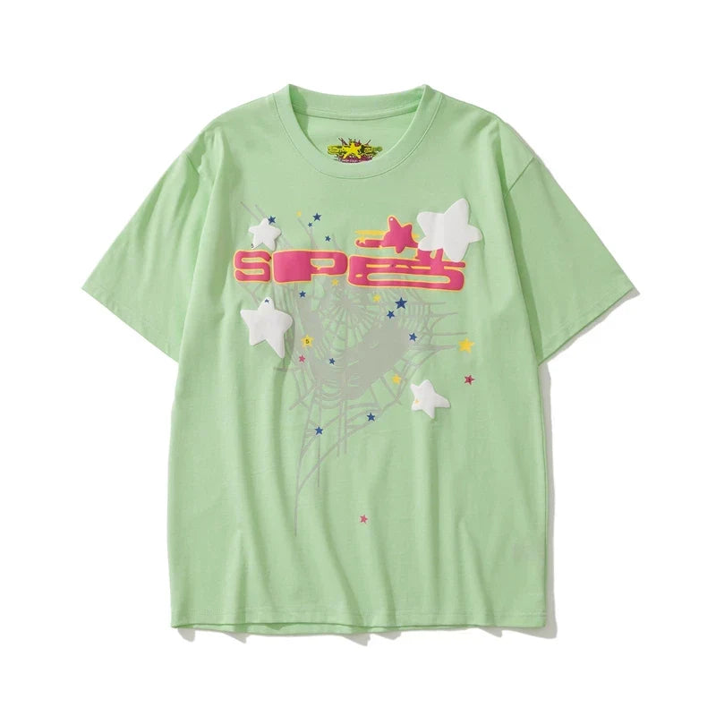 Sp5der Spider Web & Pink Letter Graphic Light Green Short Sleeve T-Shirt