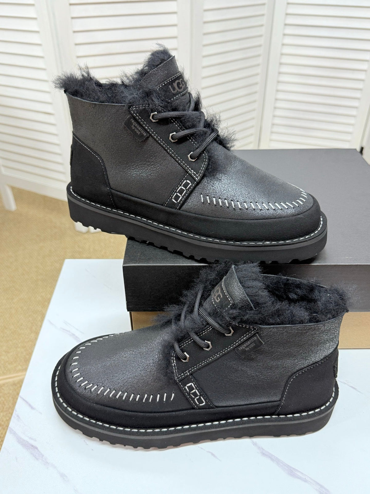 UGG Black Shearling-Collar Leather Boots