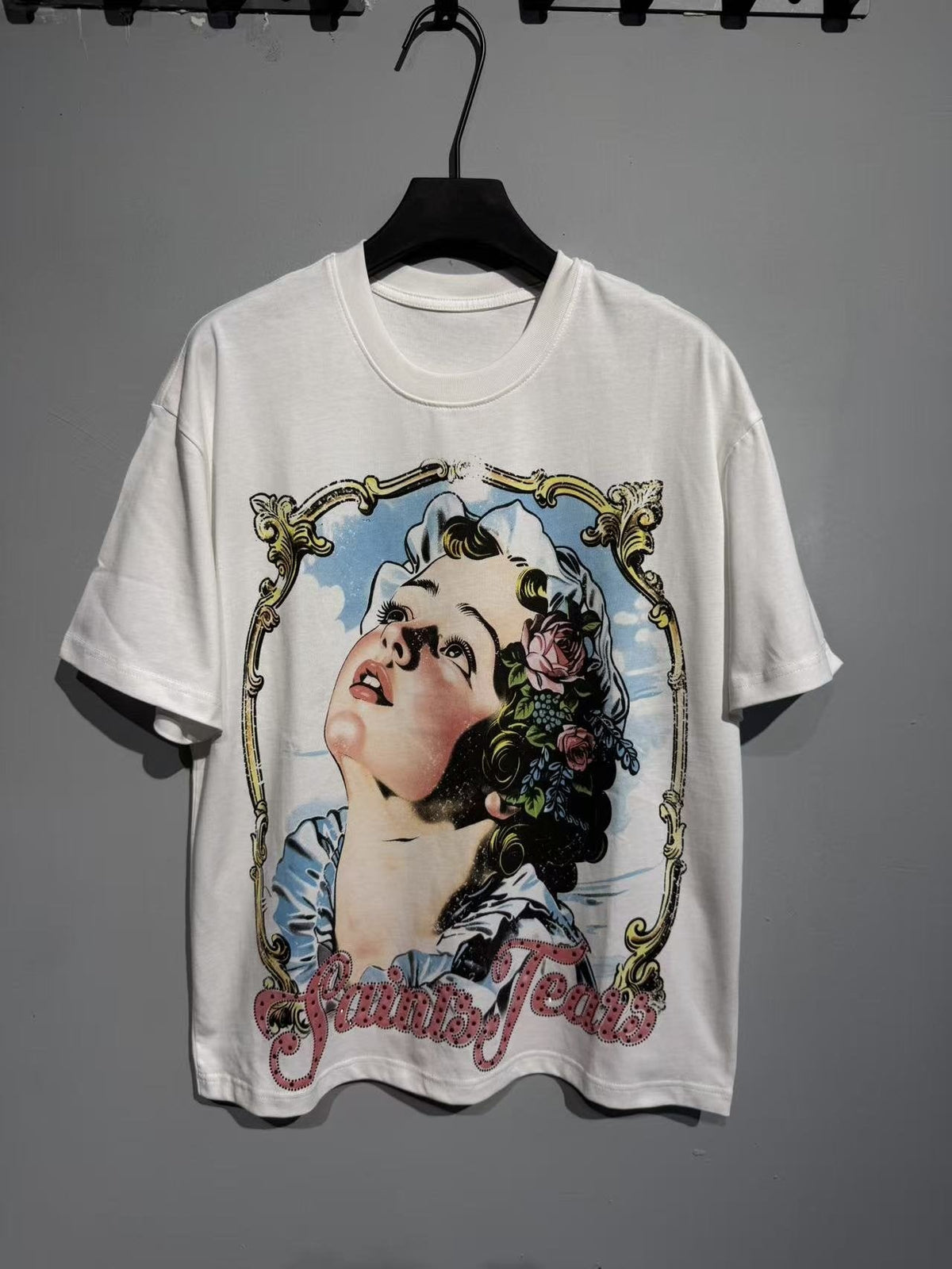 SAINT White Framed Woman Portrait Graphic T-Shirt