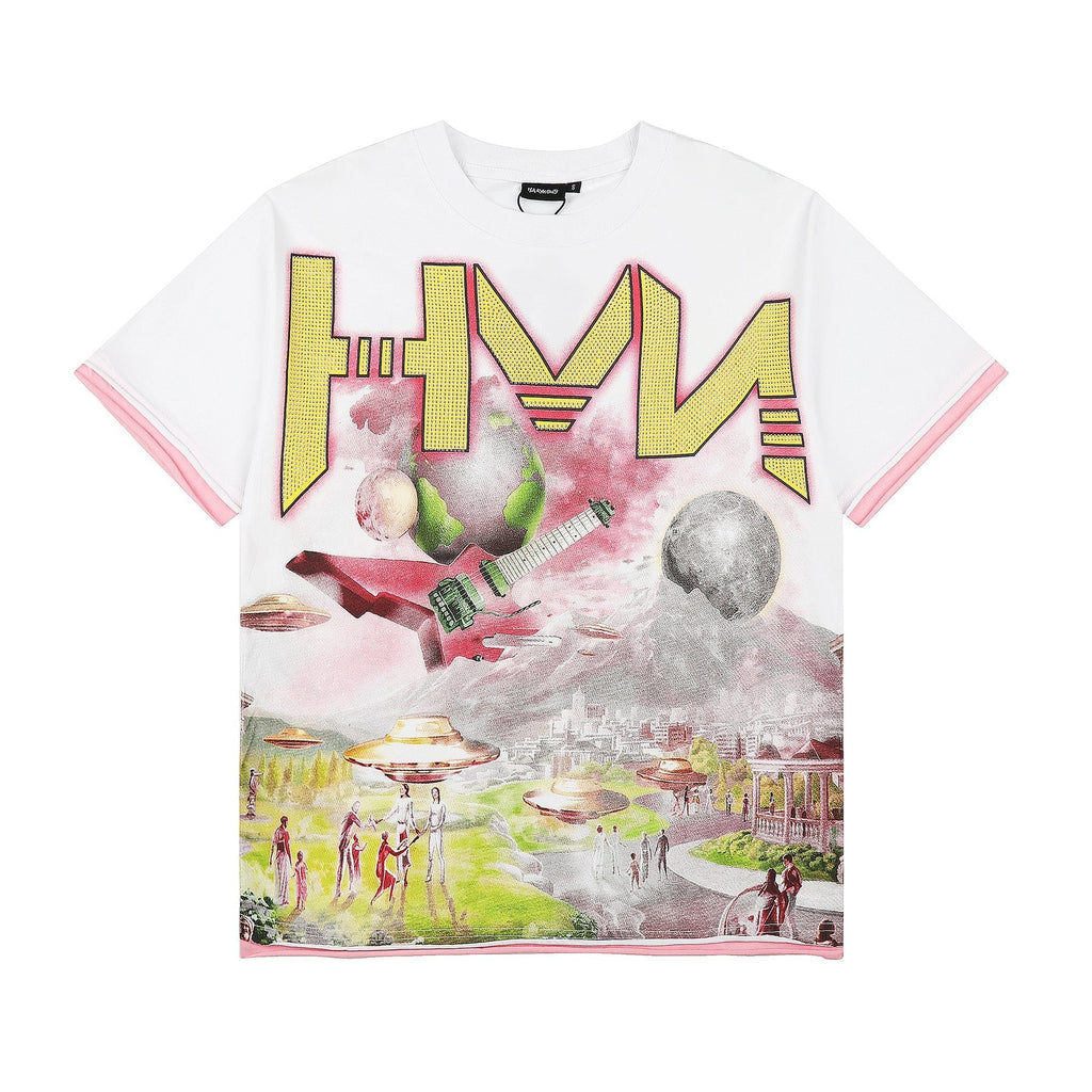 HARMONY Pink-Trim Distressed Graphic T-Shirt