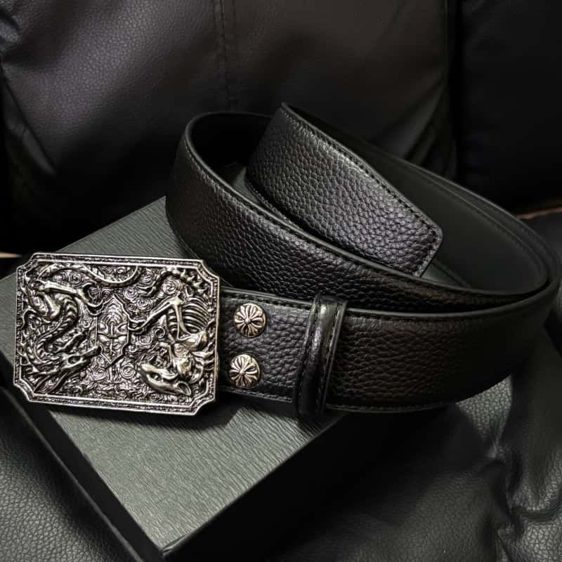 Dragon & Skeleton Leather Belt Litchi Grain Removable Buckle Waist