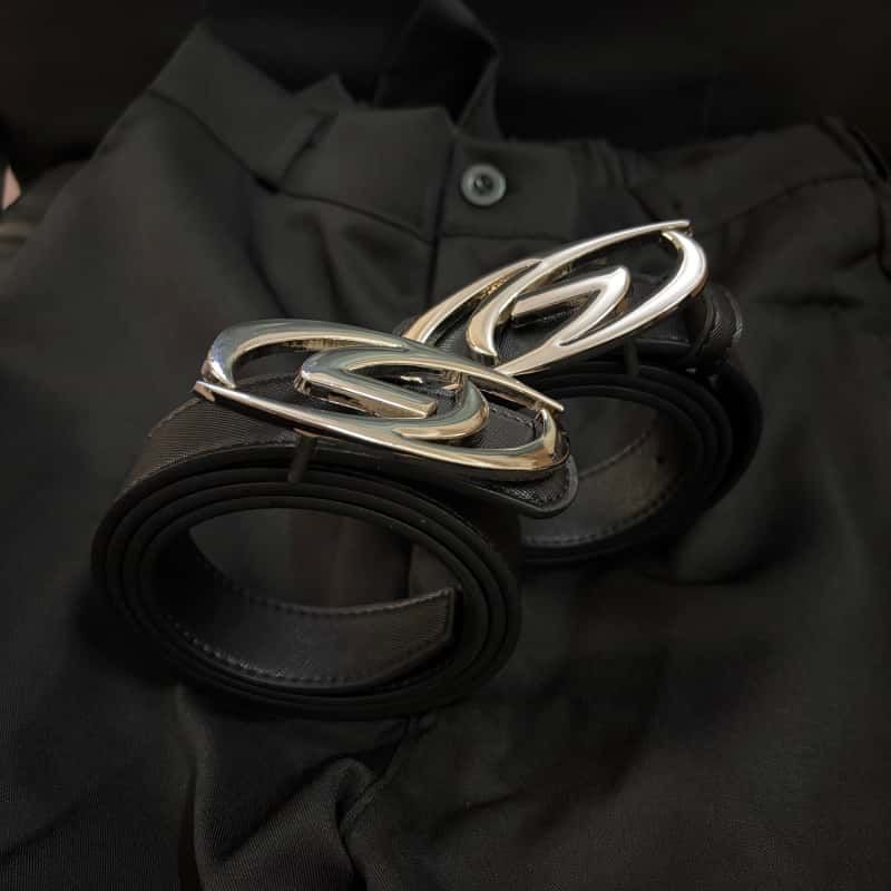 Futuristic Logo Leather Belt Polished Metal Buckle Fashion Waist Belt