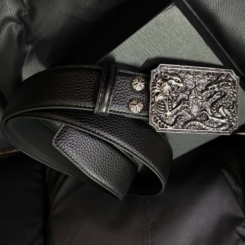 Dragon & Skeleton Leather Belt Litchi Grain Removable Buckle Waist