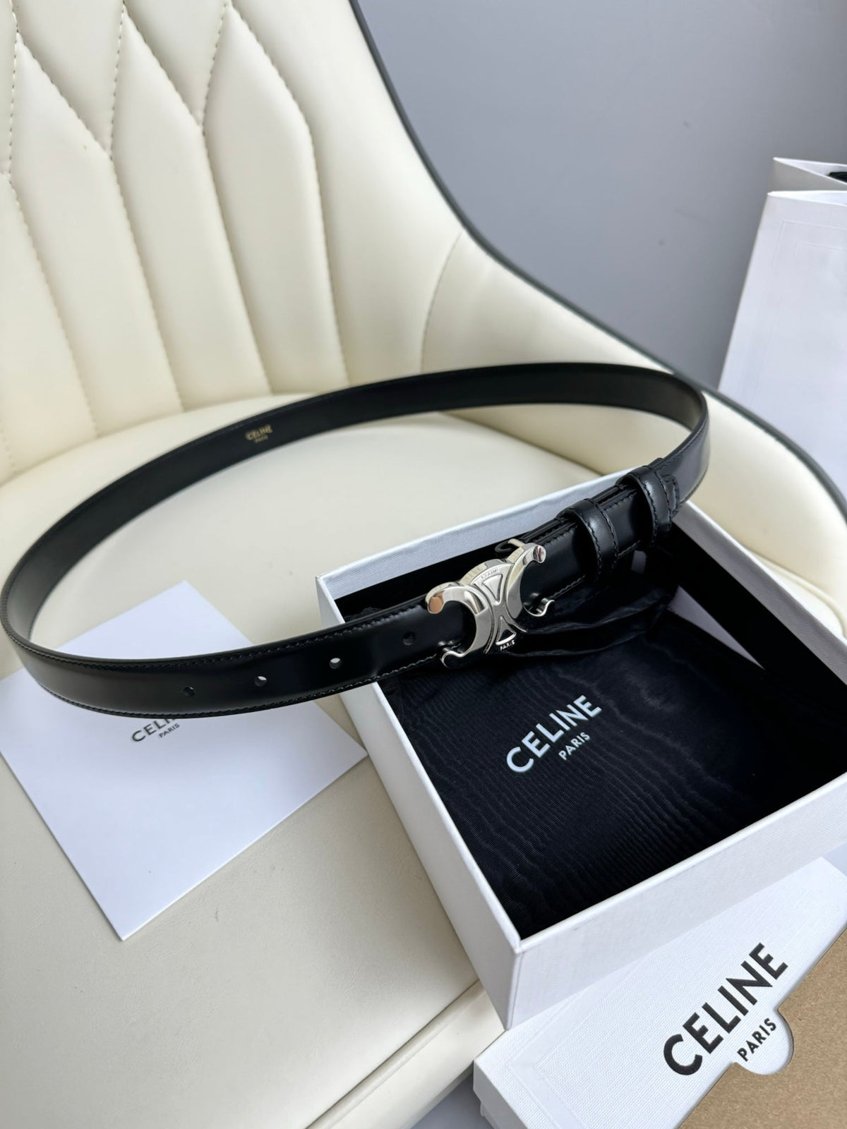 CELINE MEDIUM TRIOMPHE BELT 25MM BLACK LEATHER SILVER HARDWARE