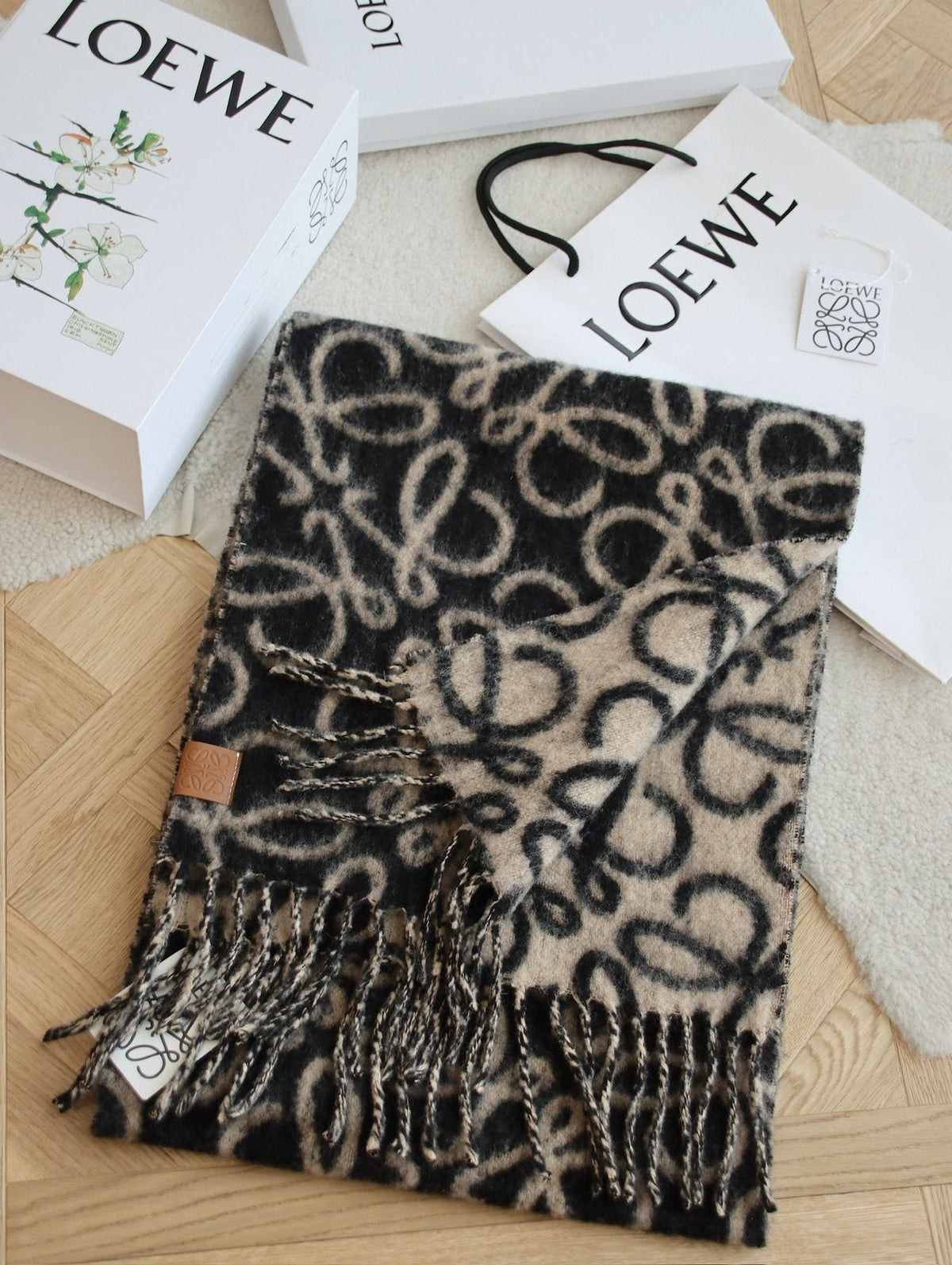 Loewe Black & Tan Motif Fringe Scarf