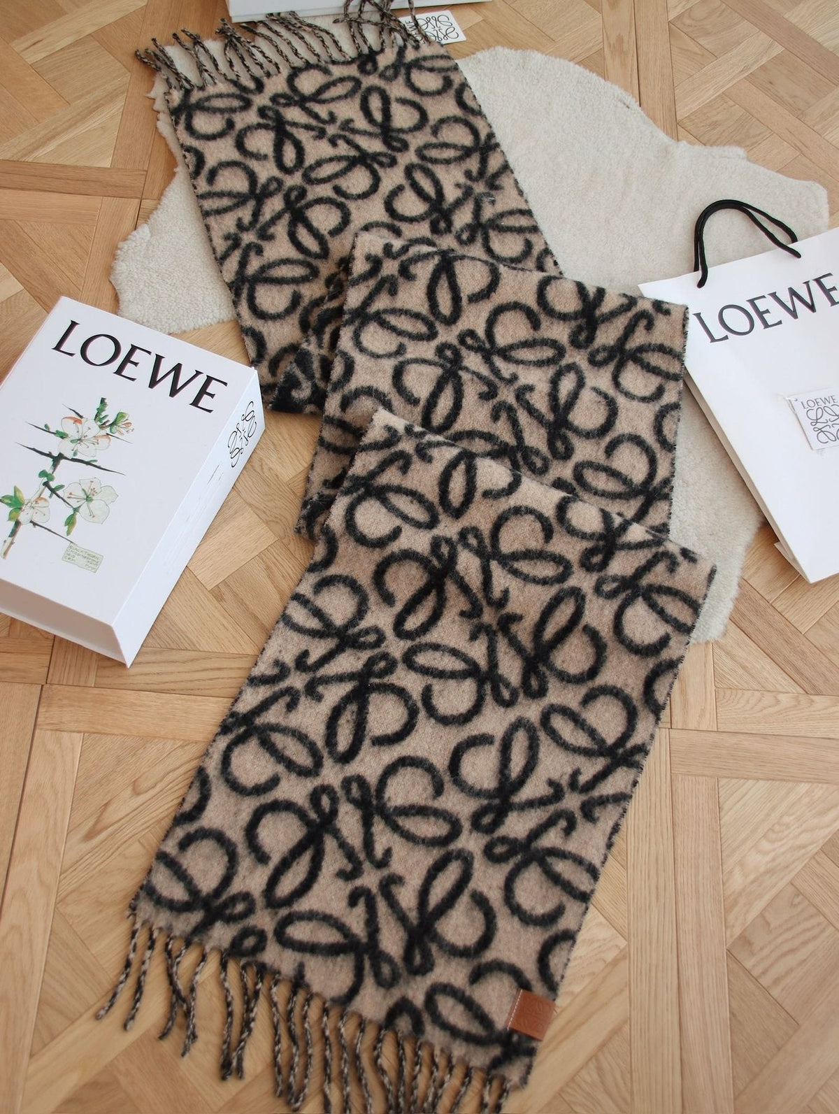 Loewe Black & Tan Motif Fringe Scarf