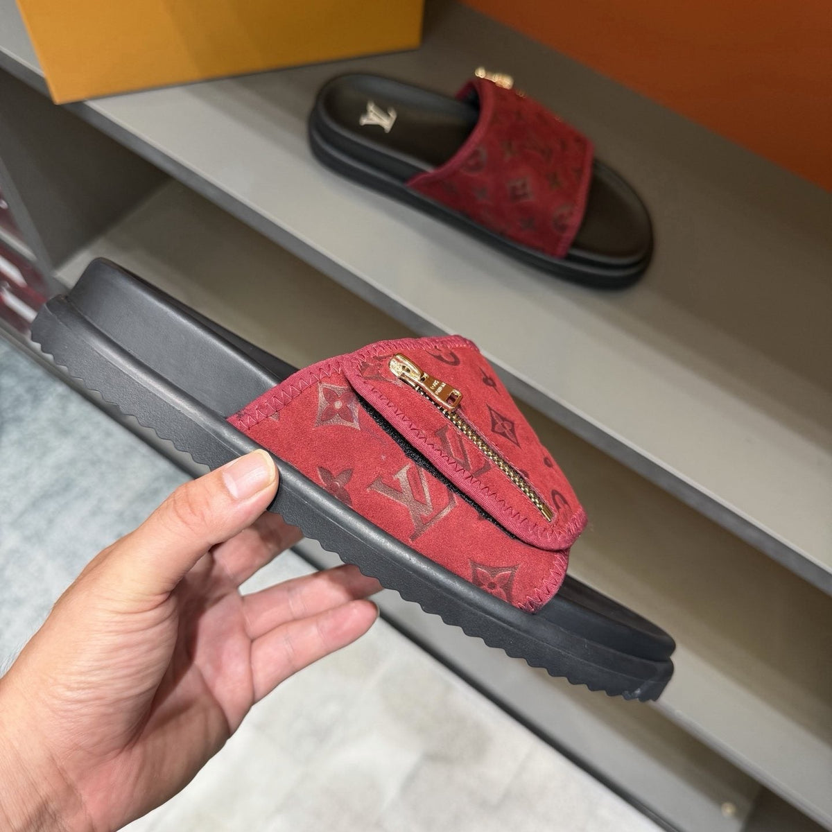 Louis Vuitton Red and Black Zipper Slide Sandals