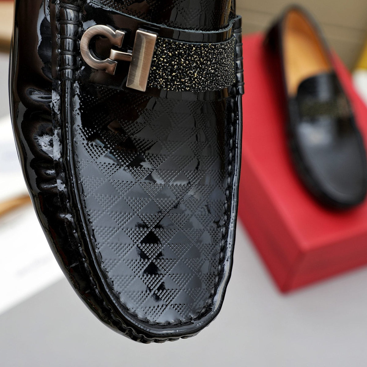 Ferragamo Men's Black Embossed Slip-On Loafers