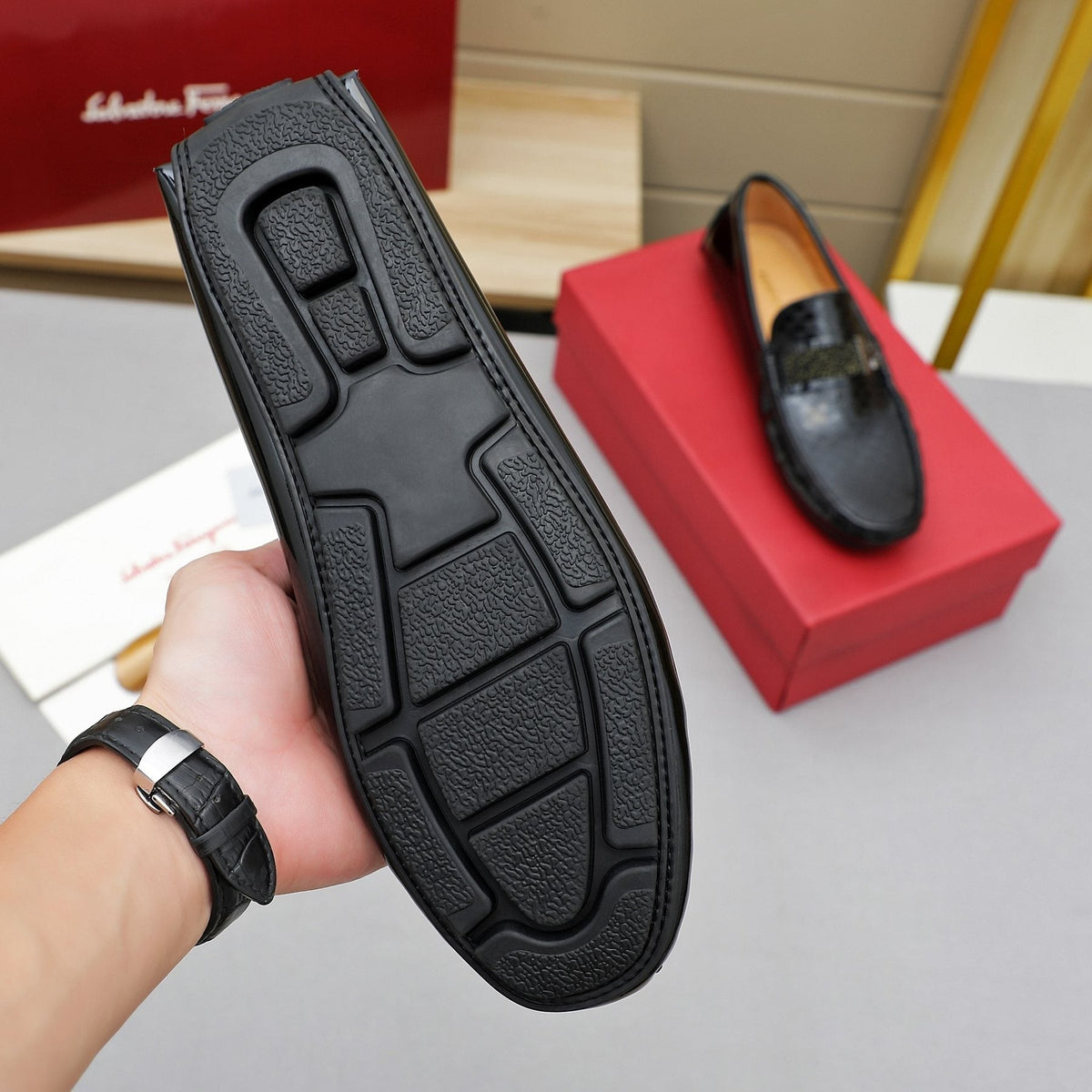Ferragamo Men's Black Embossed Slip-On Loafers