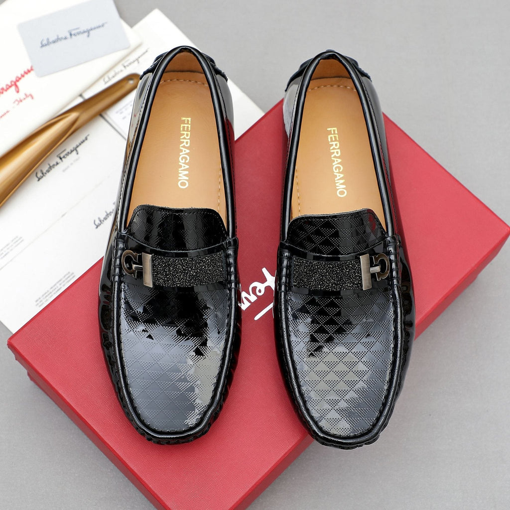 Ferragamo Men's Black Embossed Slip-On Loafers