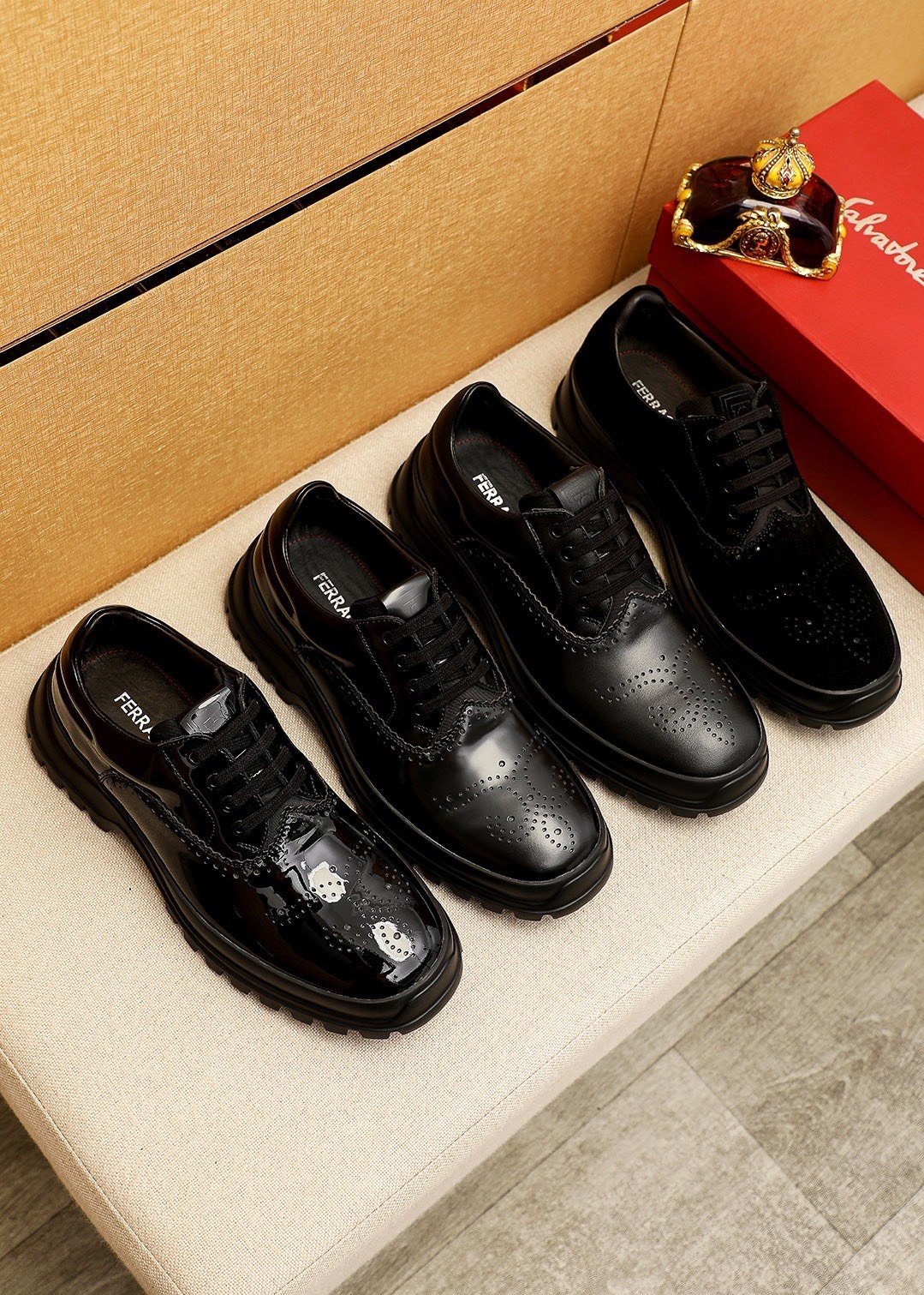 Ferragamo Black Perforated Lace-Up Shoes - Treaded Sole