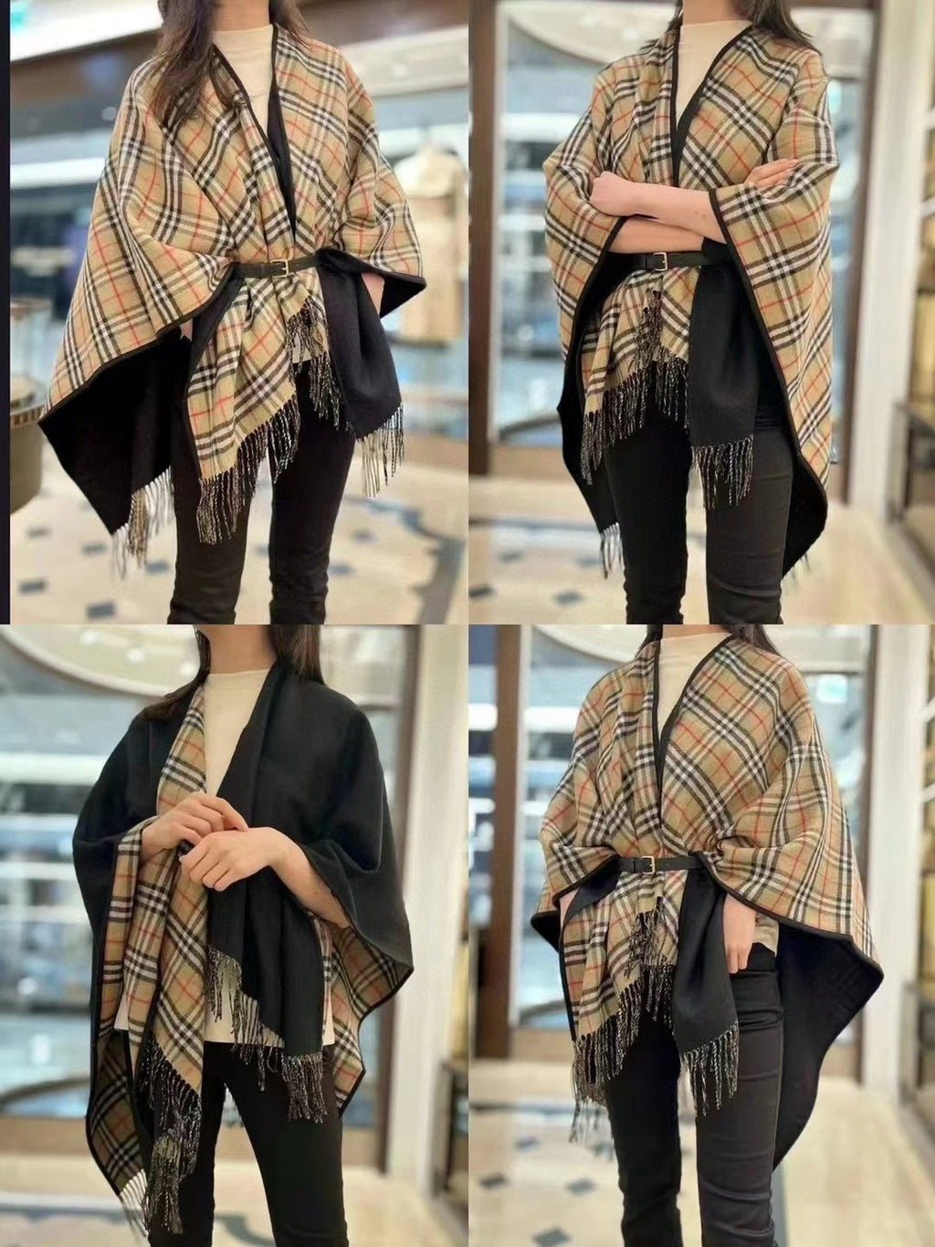 Burberry Reversible Plaid Fringed Poncho Wrap