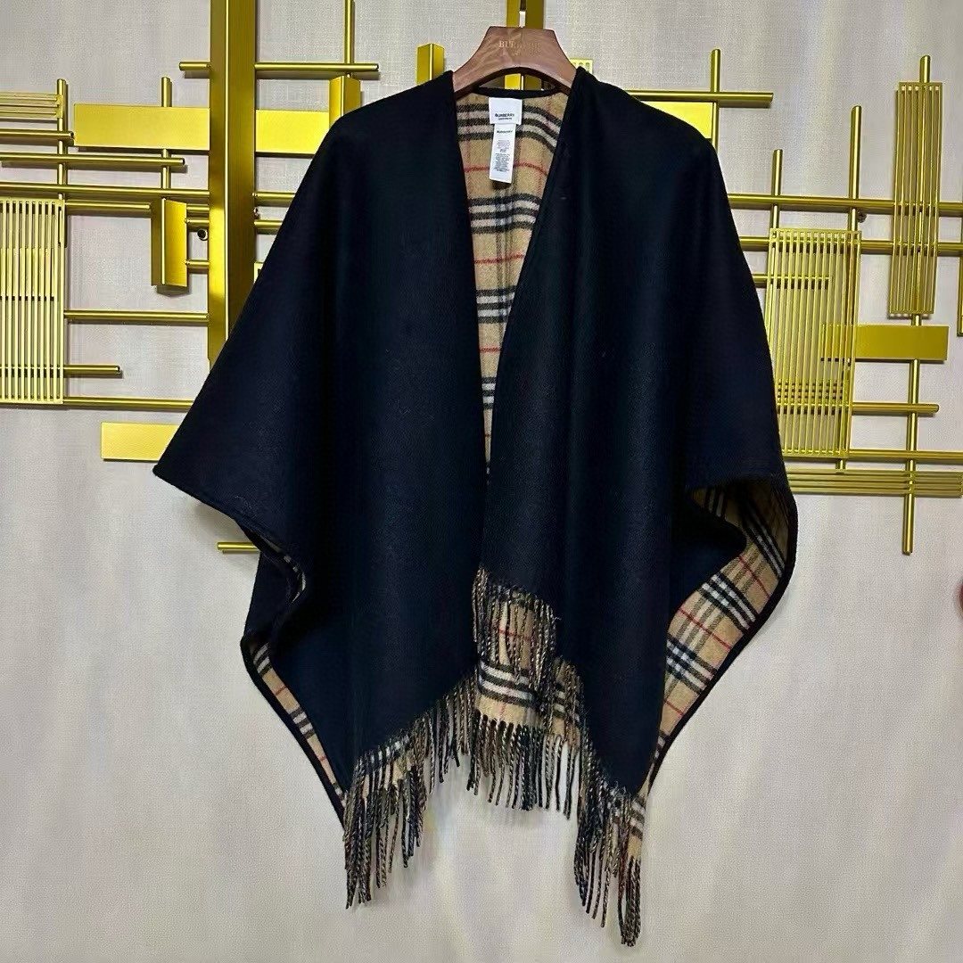 Burberry Reversible Plaid Fringed Poncho Wrap
