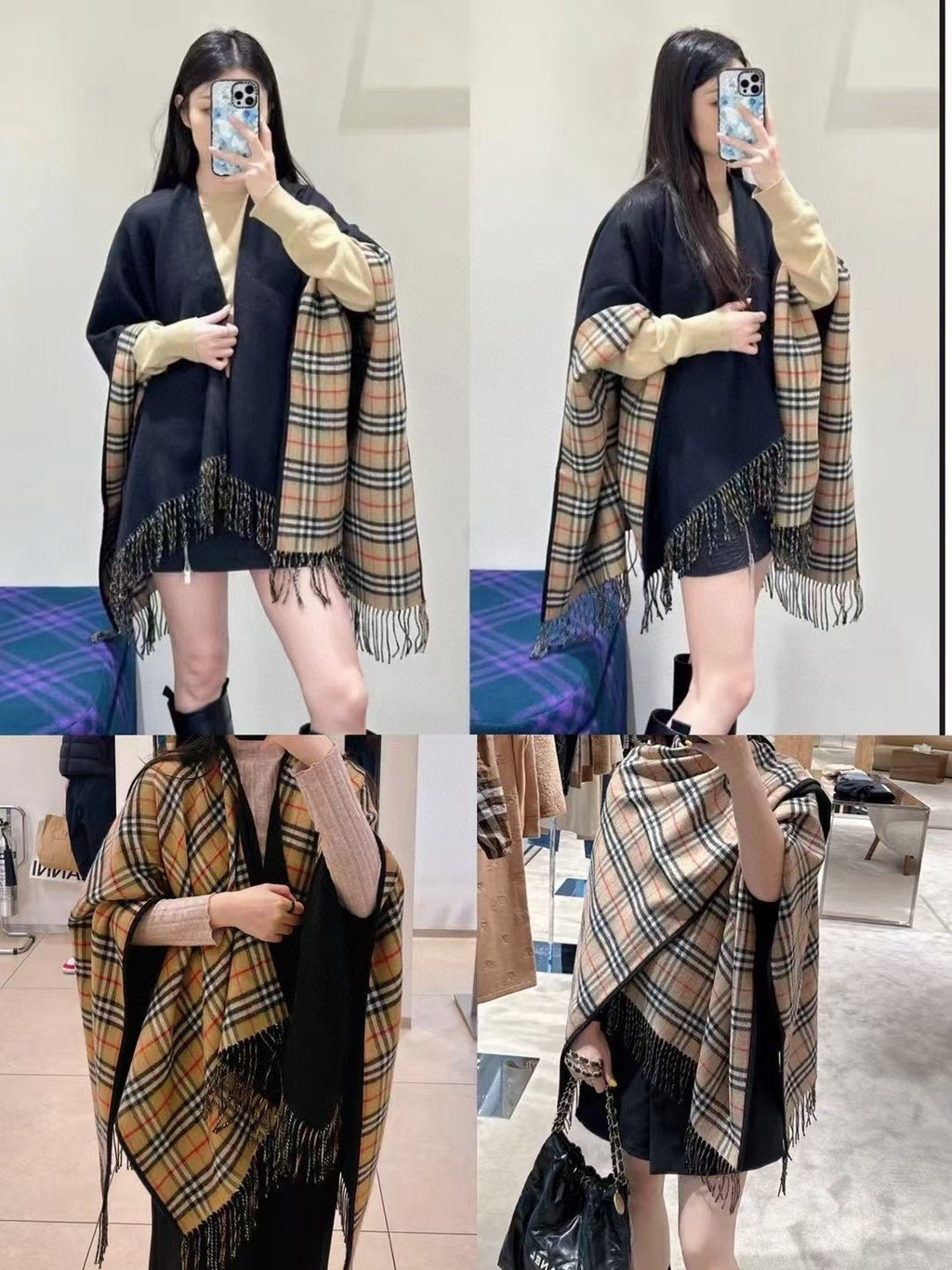 Burberry Reversible Plaid Fringed Poncho Wrap