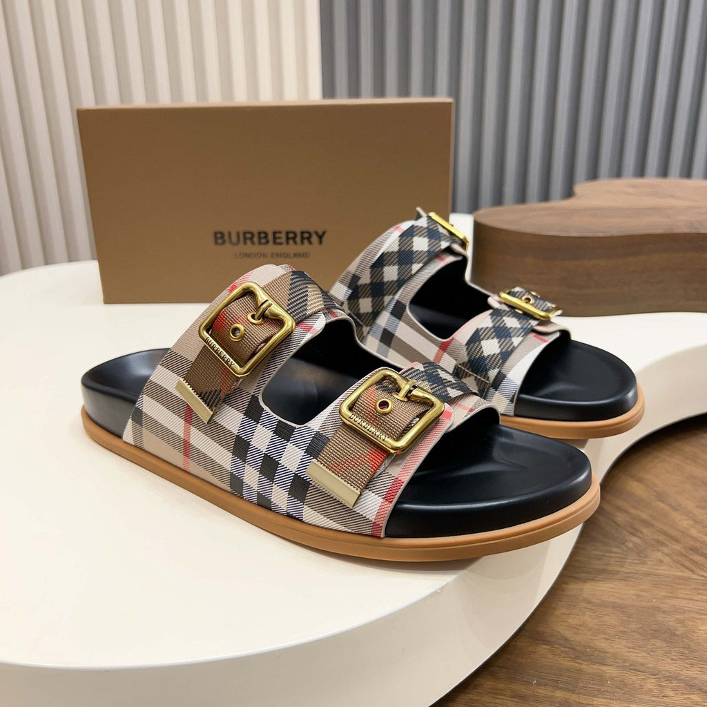 Burberry Plaid Two-Buckle Slide Sandals