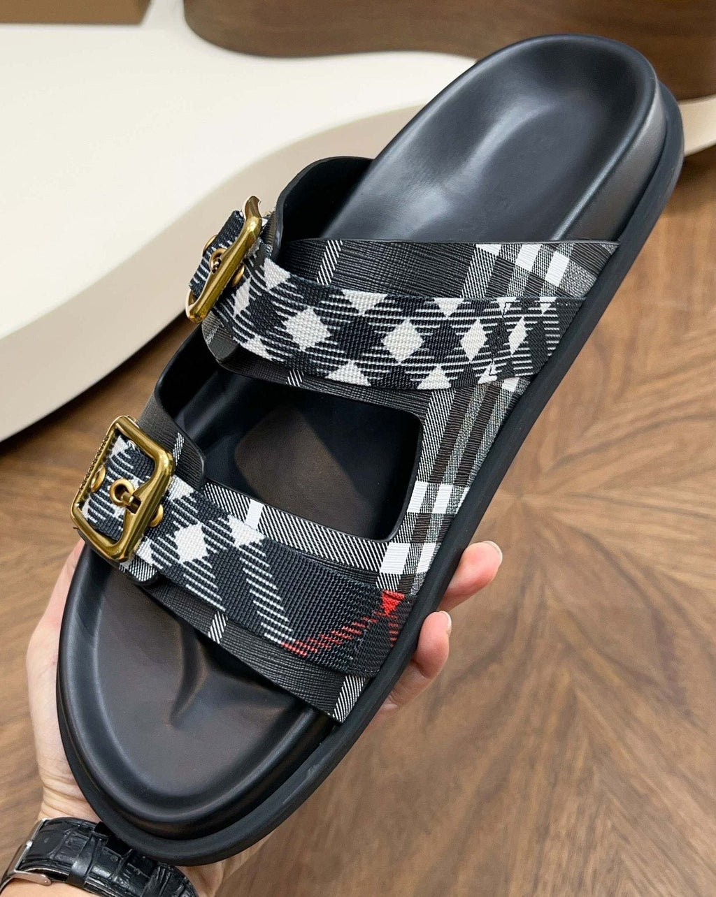 Burberry Plaid Two-Buckle Slide Sandals