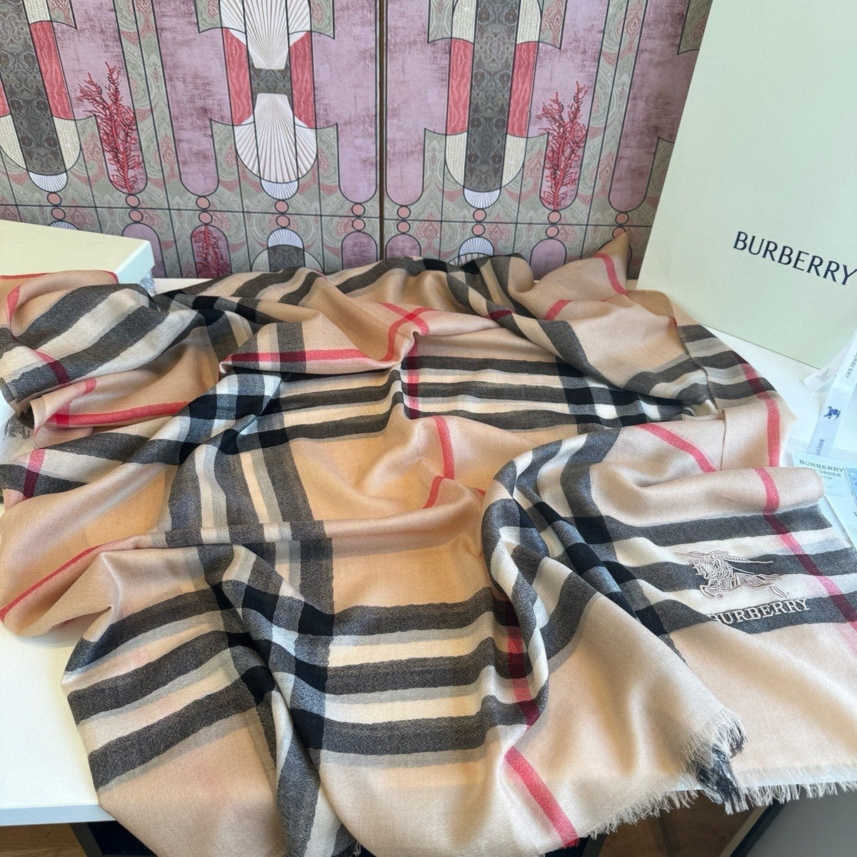 Burberry Beige Plaid Cashmere Scarf