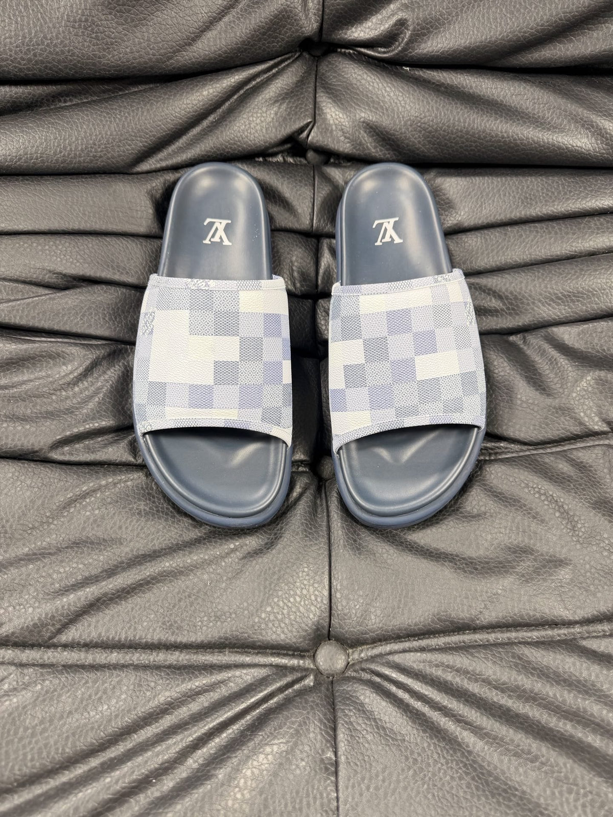 Louis Vuitton Slate Blue Checkered Slide Sandals