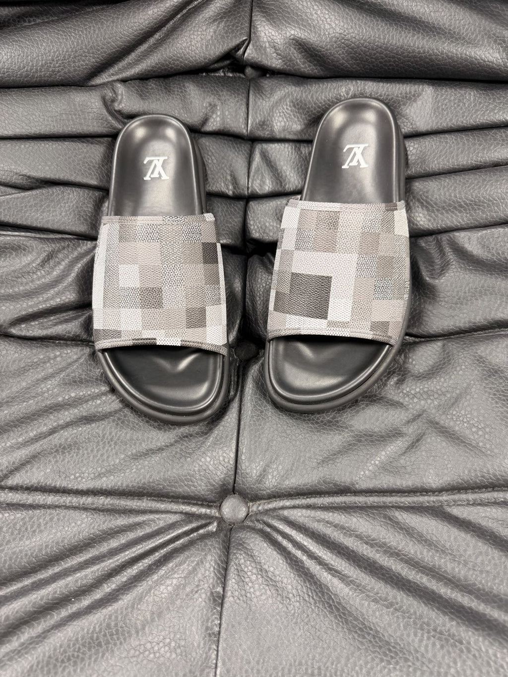 Louis Vuitton Slate Blue Checkered Slide Sandals