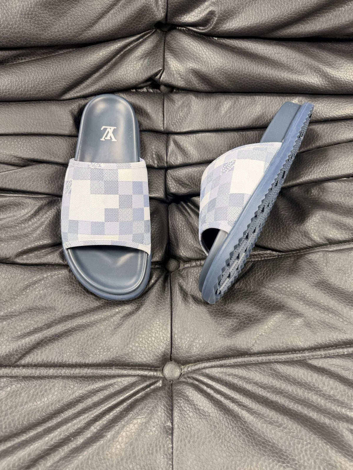 Louis Vuitton Slate Blue Checkered Slide Sandals
