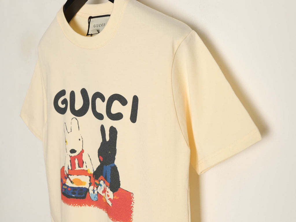 Gucci Two Rabbit Cartoon Graphic T-Shirt - Pale Yellow