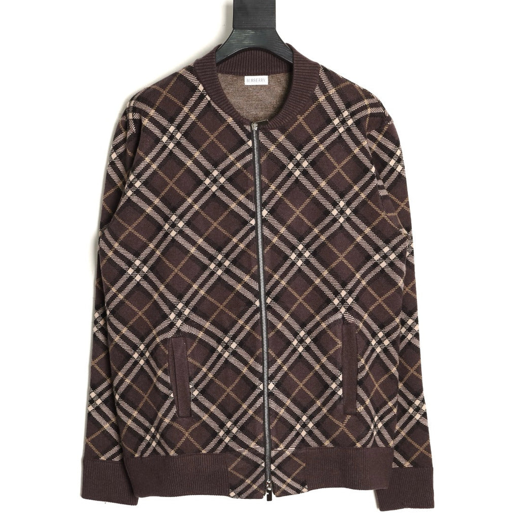 Burberry Diagonal-Check Zip Knit Cardigan - Dark Brown