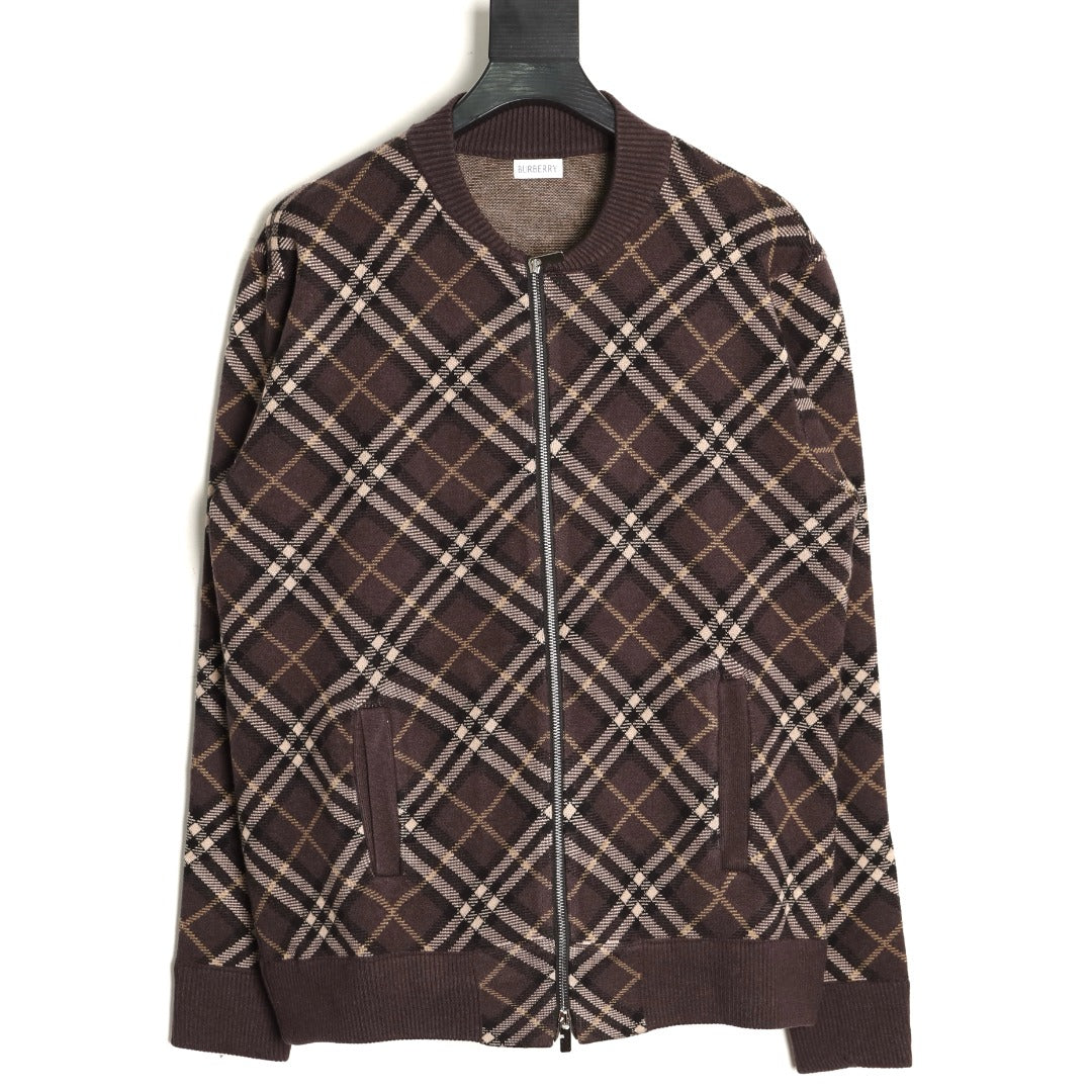 Burberry Diagonal-Check Zip Knit Cardigan - Dark Brown