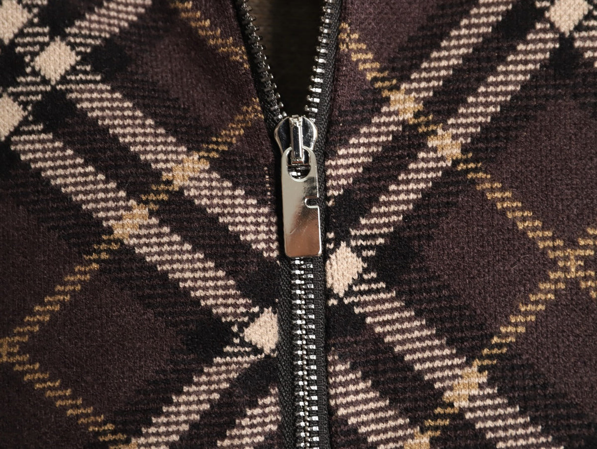 Burberry Diagonal-Check Zip Knit Cardigan - Dark Brown